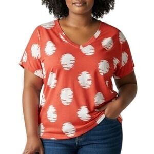 Chicos V Neck Short Sleeve Polka Dot T Shirt Top Womens Sz 2 Us 10 Orange White